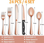 24 Pcs Rose Gold Silverware Set with Steak Knives Service for 4,Stainless Steel Flatware Set,Mirror Polished Cutlery Utensil Set, Kitchen Eating Tableware,Include Fork Knife Spoon Set,Dishwasher Safe