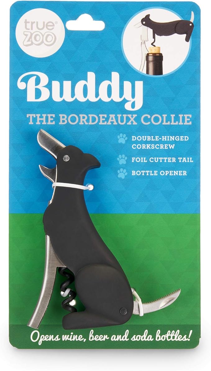 True Zoo Buddy the Bordeaux Collie Black Dog Corkscrew Wine Opener with Built-in Bottle Opener & Sharp Foil Cutter, Stainless Steel and Plastic, Home Bar, Kitchen, Travel, Novelty Gifts, Set of 1