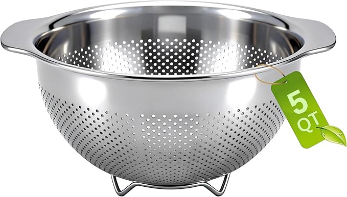 18/8 Stainless Steel Strainer and Colander for Kitchen, Large Strainers and Colanders, Food Strainers Fine Mesh with Handle for Spaghetti, Pasta, Rice, Fruit, Vegetables, Noodles (5QT)