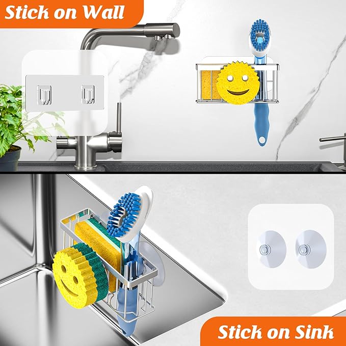 Sponge Holder Smiley Face,Sink Caddy for kitchen Sink,Sponge Holder with 2 PCS Suction Cups/1 PCS Adhesive Strips,Designed for Sponge,Soap,Dish brush,Scrubber-Silver