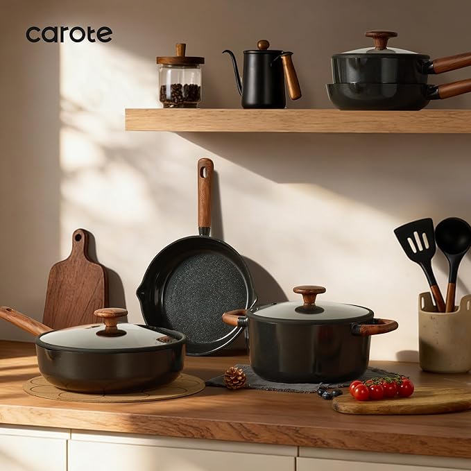 CAROTE 2QT & 3QT Sauce Pan Sets with Lid & Ladle Ceramic Nonstick Pot Set Non Toxic Saucepan Small Kitchen Cooking Pots, Easy to Clean, Induction Comptable, PFAS PTFE Free, Black