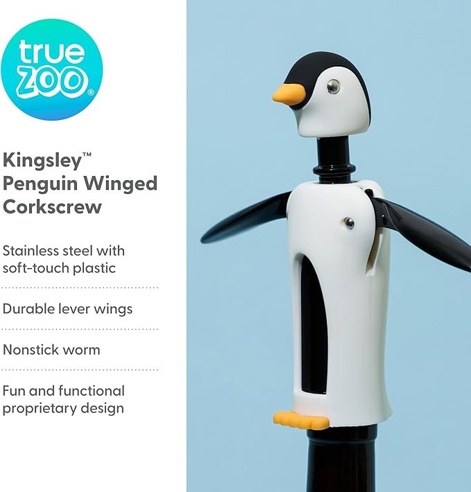 True Zoo Kingsley the Penguin Corkscrew Wine Opener, Winged Design with Easy Grip Soft Touch Wings, Stainless Steel and Plastic with Sharp Screw for Wine Bottles, Home Bar, Kitchen, Novelty Gifts