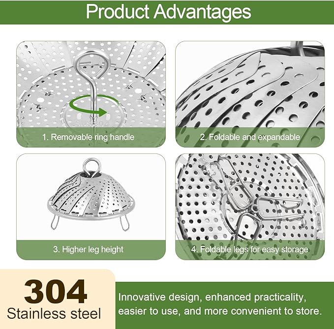 Steamer Basket for Cooking – Premium 304 Stainless Steel Steamer Basket, 3rd Gen Folding Expandable Steamers, Suitable for Cookware Pot, Fit for Fish Vegetables Pasta Eggs (Medium (6.1“ to 10.43”))