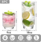 Set of 8 Ribbed Glass Cups with Crystal Base,4 Highball Glasses 18oz & 4 Rocks Drinking Glasses 9oz, Art Deco, for Water, Iced coffee, Cocktail, Juice, Whiskey, Wine, Gift