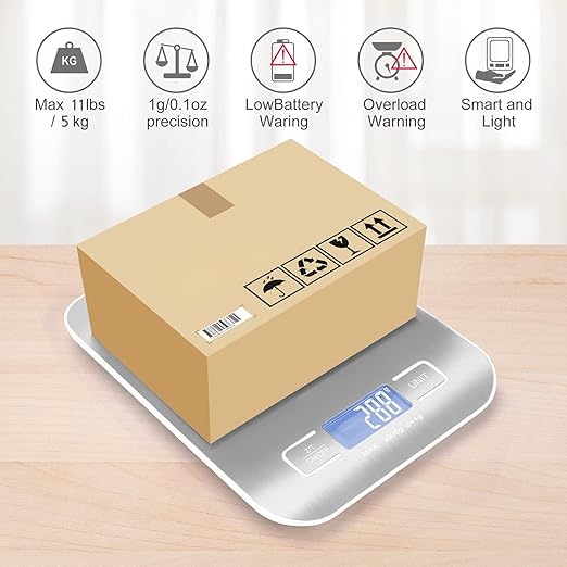 Digital Shipping Scale,Stainless Steel Panel, Accurate 5kg/1g Portable Postal Scale for Packages, Small Business,Kitchen, Food, Handmade, Liquids, and Boutique (Silver)