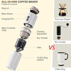 ALL-IN-ONE Portable Coffee Maker with Grinder and Pour Over for Travel, Rechargeable, Conical Burr, Cordless Mini Coffee Maker for Car, Camping, RV, Van