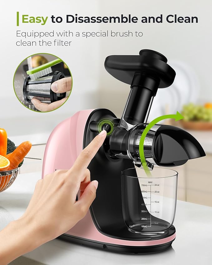 Jocuu Slow Masticating Juicer with 2-Speed Modes - Cold Press Juicer Machine - Quiet Motor & Reverse Function - Easy to Clean Juicer Extractor - Juice Recipes for Fruits & Vegetables (Light Pink)