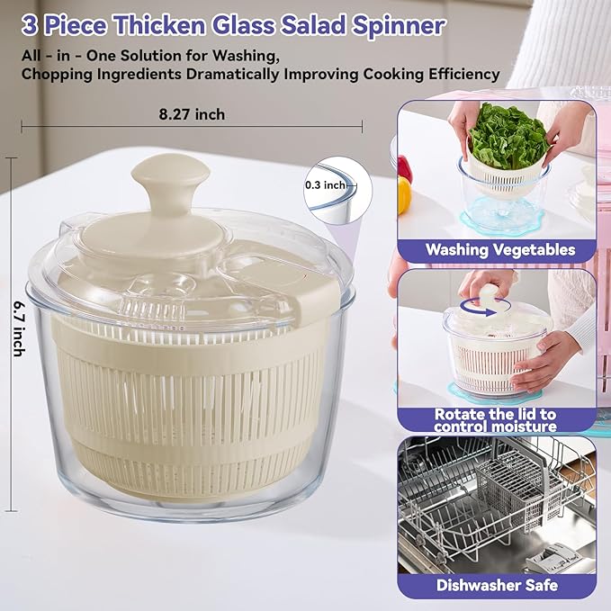 Good Girps 3.2 Qt Glass Salad Spinner Small Vegetable Dryer with Drain Microwave Safe Dishwasher Safe with Transparent Lid Crank Handle Quick Spin Greens Washer for Lettuce Herbs Fruits White