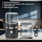 Unique Electric Herb Grinder, Small Spice Grinder Electric herb Grinders Mini Size 2x3.5inches with 2pcs 1.7oz/50ml Glass Jar Herb Jar Portable Grinders Rechargeable Automatic herb Grinder