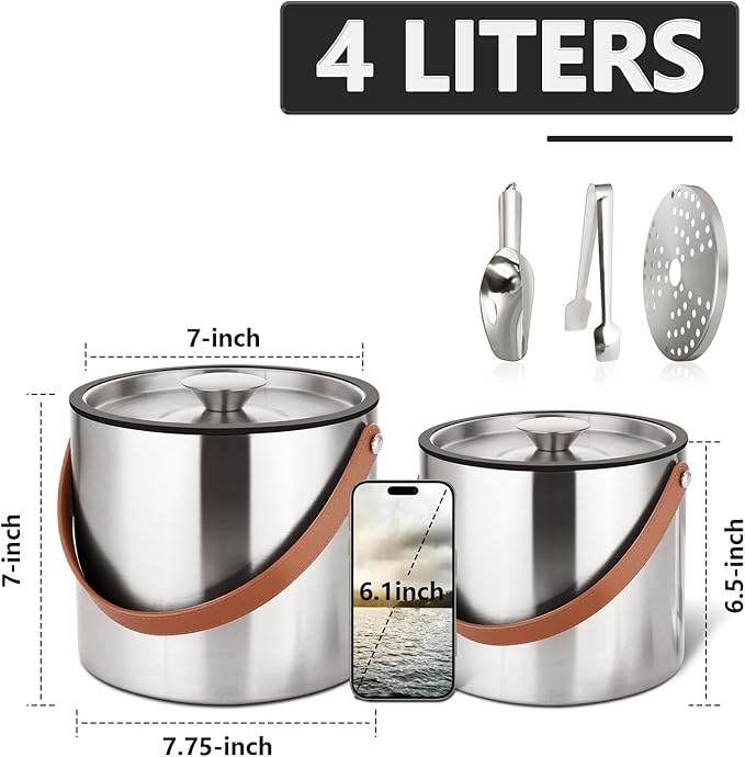 Bakpoco 4L Ice Bucket with Lid, Scoop,Tongs & Strainer, Stainless Steel Double Wall Insulated Ice Buckets for Parties & Cocktail Bar, Large Outdoor Champagne Ice Container, Light Brown Handle