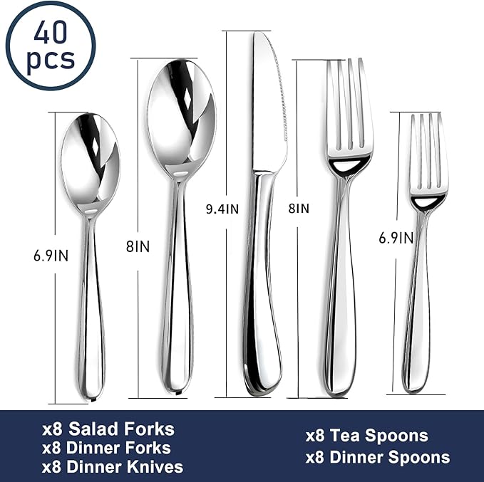 STILLOYE Heavy Duty Silverware Set for 8, 40 Piece Premium Stainless Steel Flatware Utensils Cutlery Set Including Steak Knife Fork and Spoon, Dishwasher Safe, Gift Package for Wedding Housewarming