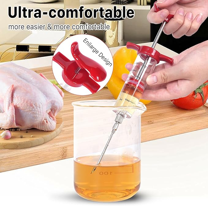 Meat Injector Syringe - 3 Marinade Injector Needles for BBQ Grill, Premium Portable Turkey Injector kit for Smoker,Marinades Injectors for Meats With 1oz Large Capacity 1 Brush Easy to Use & Clean Red