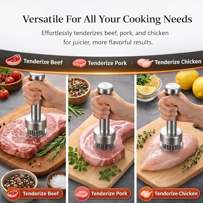 Meat Tenderizer Stainless Steel with Sharp Needles for Steak Chicken Pork Fish, Suitable Meat Tenderizer Tool with Cleaning Brush for BBQ or Kitchen