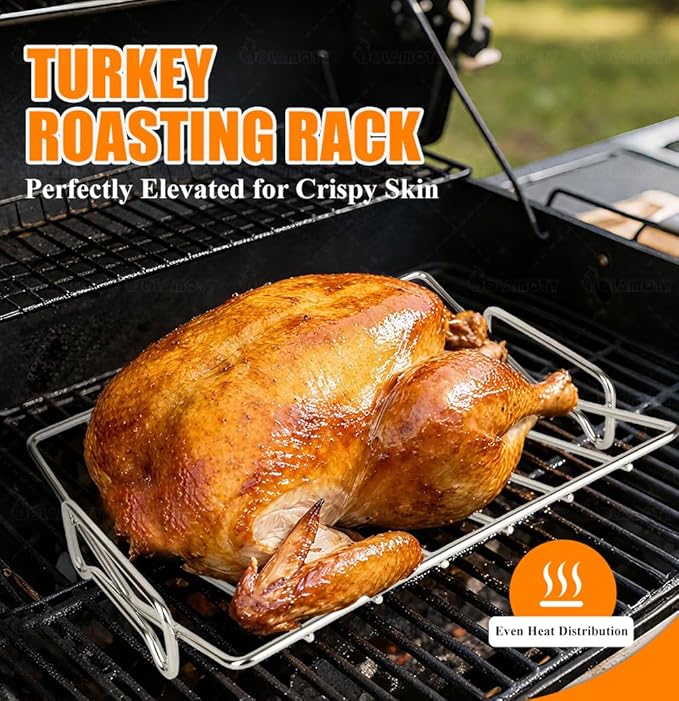 Stainless Steel Turkey Roaster Roasting V Rack with Pan,15.6 * 11.6 * 2.8 inch Roasting Pan for Smoker Smoking and Grilling/for Large Big Green Egg and Kamado Joe Etc