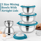 P&P CHEF Mixing Bowls with Visible Airtight Lids Set of 5, 10-Piece Stainless Steel Mixing Nesting Bowl, Metal Bowl with Lid for Kitchen Prepping & Storing, Size 4.6, 3, 1.5, 1, 0.7 QT, Blue