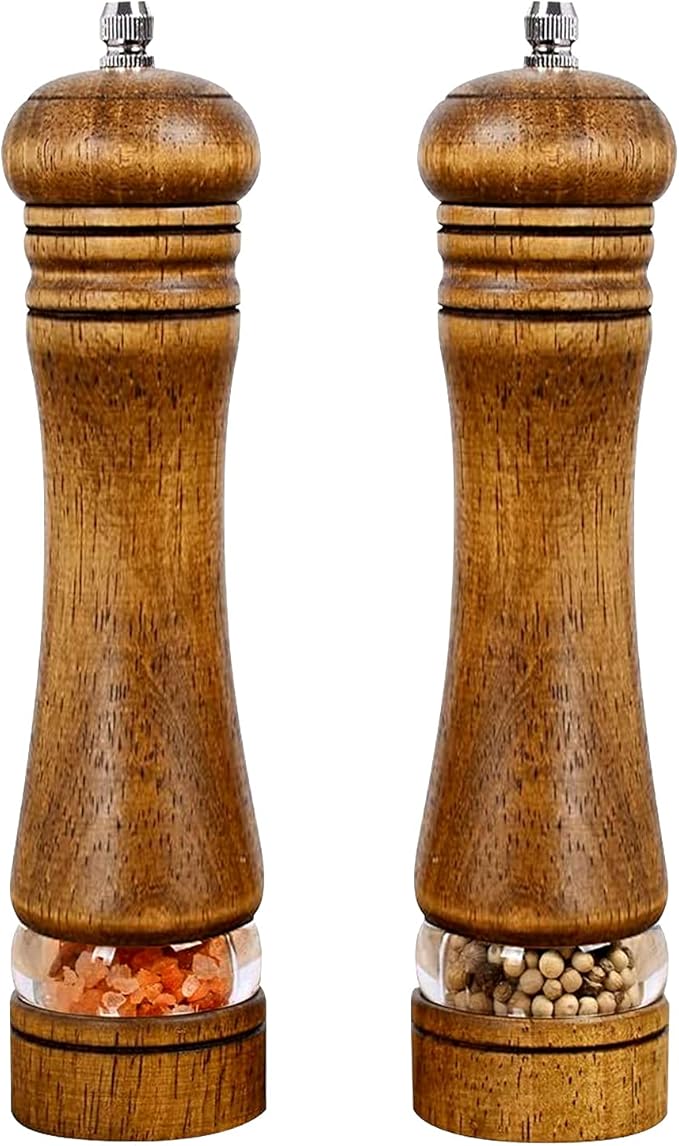 Haomacro Pepper Grinder, Wood Salt and Pepper Mills Set, Classic Manual Spice Grinder Refillable Salt Mill Sets with Acrylic Visible Window Adjustable Ceramic Grinding Rotor 8 inch 2 Pack