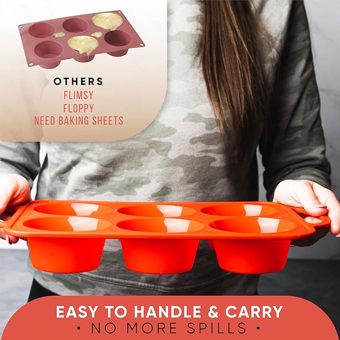 BAKE BOSS Regular Size 6 Cup Muffin Pan – Silicone Muffin Pans for Baking with Metal Handles – Nonstick Silicone Cupcake Pan, Easy-Release, BPA-Free Muffin Tray, Oven & Dishwasher Safe – Red