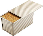 monfish Pullman Loaf Pan w Cover Bread Toast Mold corrugated loaf Pan w lid 1lb dough Alluminumed Steel Non Stick Gold (8.5X4.75X4.375INCH)