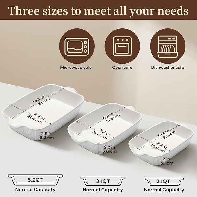 Bakeware Casserole Oven Dishes Baking - 3pcs Ceramic Rectangular Oven Serving Sets,（10.3/12.4/14.7）Stoneware Cookware Pan, Porcelain White Thanksgiving Ware for Cooking Lasagna (Green)