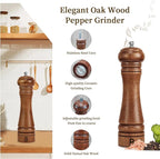 Wooden Salt and Pepper Grinder Set Refillable Salt & Pepper Mills Adjust for Coarseness, Crafted of Solid Oak Wood with Ceramic Stainless Steel Core, 8 Inches - 2 Packs