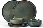 E-far 6-Piece Plates and Bowls Set, Stoneware Dinnerware Sets for 2, Ceramic Dishes Reactive Glaze Dinning Ware, Microwave & Dishwasher Safe - Obsidian Green