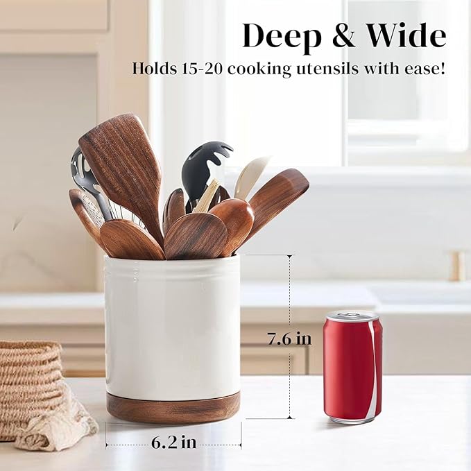 DOWAN 7.6" 360° Rotating Utensil Holder, Kitchen Utensil Holder for Countertop,Large Ceramic Utensil Crock for Kitchen Decor, Protection Cork Bottom, Speck White