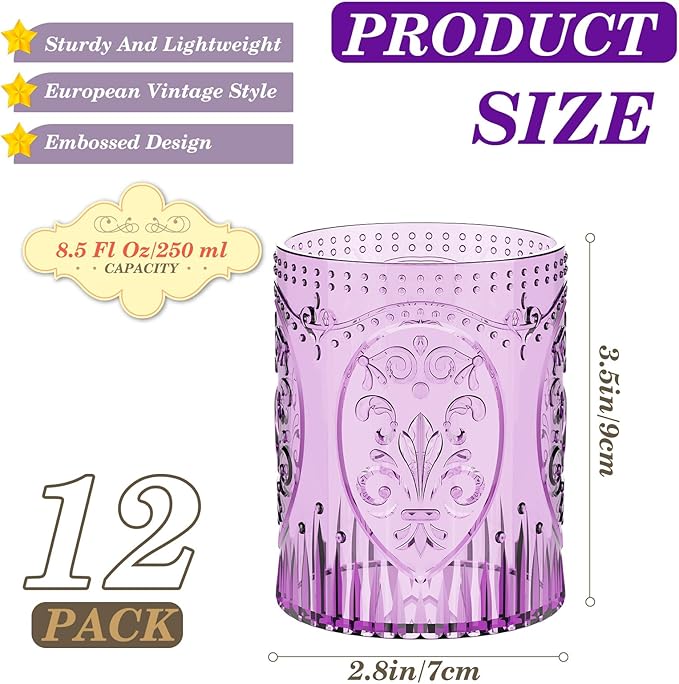 Qinyoung 12 Plastic Vintage Drinking Glasses 8.5oz Stemless Retro Embossed Wine Glasses Shatterproof Reusable Cups for Baby Shower Wedding Reception Grand Event Party (Purple)