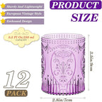 Qinyoung 12 Plastic Vintage Drinking Glasses 8.5oz Stemless Retro Embossed Wine Glasses Shatterproof Reusable Cups for Baby Shower Wedding Reception Grand Event Party (Purple)