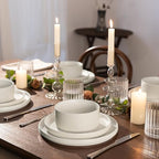 Famiware Star Dinnerware Sets, Plates and Bowls Set for 4, 12 Pieces Ribbed Dishes - Chip and Scratch Resistant, Microwave and Dishwasher Safe Tableware, Matte White
