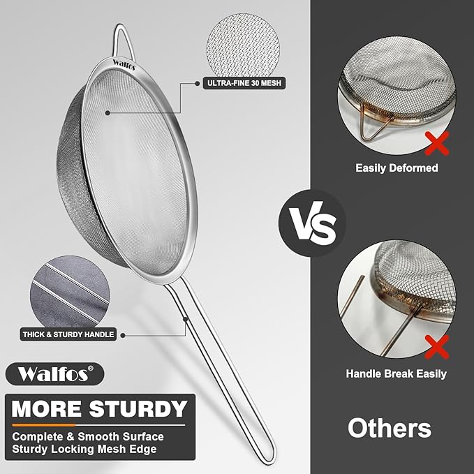 Walfos 4.6 Inch Fine Mesh Strainer, Premium Stainless Steel Colanders and Sifters, with Reinforced Frame and Sturdy Handle, Perfect for Sift, Strain, Drain and Rinse Vegetables, Pastas and Tea