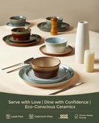 Pokini Plates and Bowls Sets for 4, Ceramic Dinnerware Sets, Kitchen Dish Set, Microwave & Dishwasher Safe Dishware, Highly Durable Hand Glazed Dinner Set, Brown Green