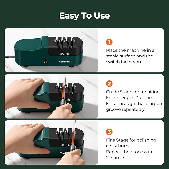 Northmas Knife Sharpener, Professional Electric Knife Sharpener for Home Use, 2 Stages for Quick Sharpening & Polishing, 100V-240V Global Voltage Design, Green