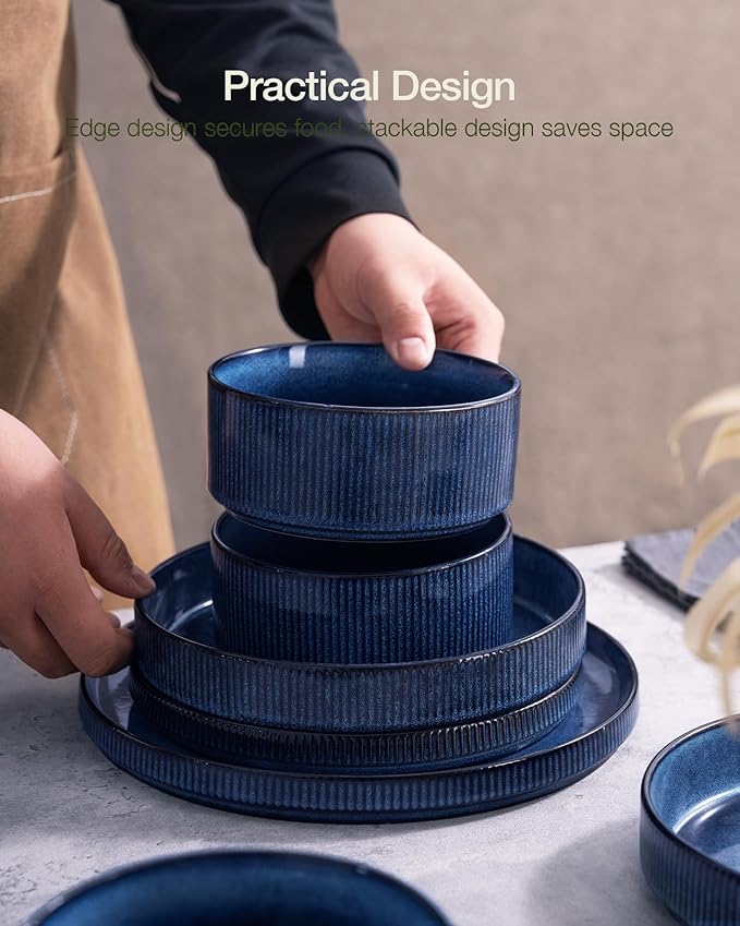 Famiware Star 16-Piece Stoneware Dinnerware Set, Service for 4 - Shallow Pasta Bowls & Flat Plates, Modern Rustic Reactive Glaze Dishes, Chip/Scratch Resistant, Microwave/Dishwasher Safe, Nebulas Blue