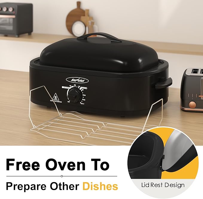 14 Quart Roaster Oven with Self-Basting Lid, with Removable Roasting Rack, Turkey Defrost & Warm Function, Adjustable Temperature, Stainless Steel, Black