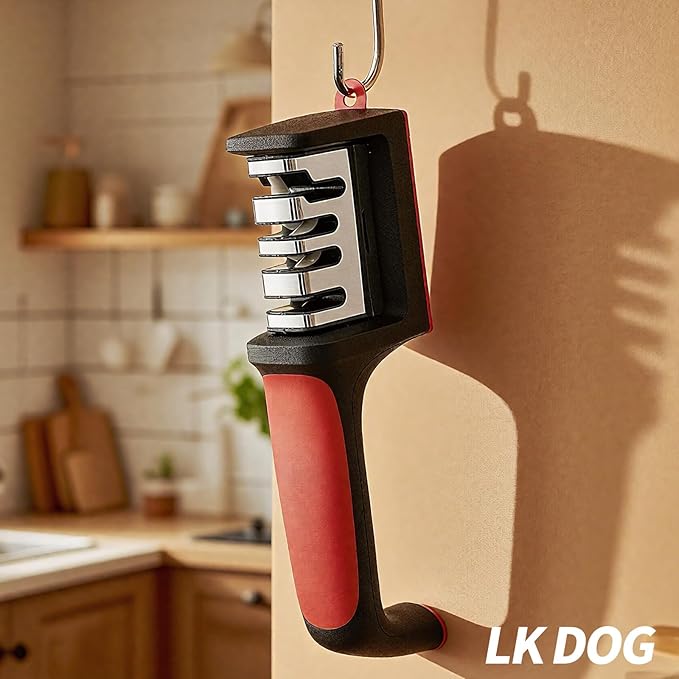 4-in-1 Kitchen Knife Sharpener, Professional Grade with Tungsten Steel and Ceramic Slots, Scissor Sharpening, Black/Red