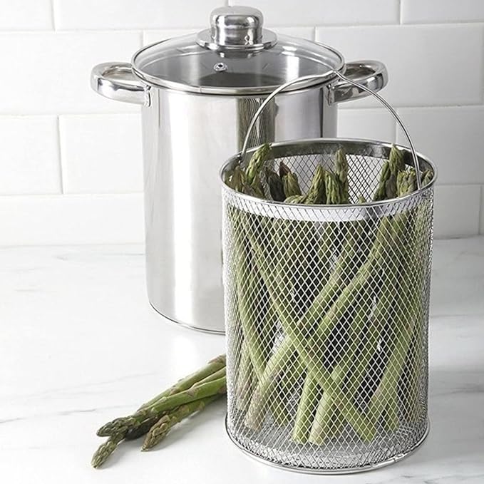 AVLA Asparagus Pot, 4 Quart Stainless Steel Steamer Cooker, Vegetable Asparagus Cooker with Removable Basket and Lid for Pasta, Spaghetti, Boiled Eggs, Shrimp, Oil Deep Fry Pan for French Fries