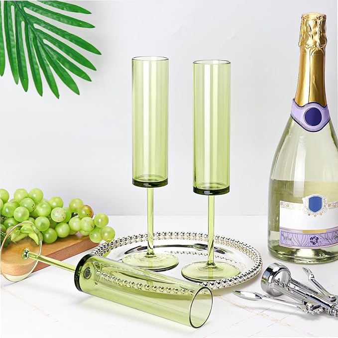 12 PCS Green Champagne Flutes Plastic 5.4OZ Clear Acrylic Champagne Glasses Long Stem Champagne Flutes Sparkling Wine Glasses Sage Green Champagne Glasses FOR Wedding Cocktail Cups Cava Prosecco