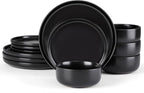E-far Stoneware Dinnerware Sets for 4, 12-Piece Plates and Bowls Set, Modern Ceramic Dishes Dinning Ware, Microwave & Dishwasher Safe - Matte Black