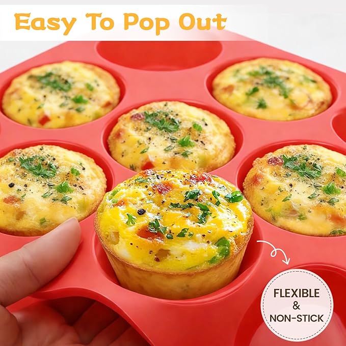 Silicone Muffin Pan, Mini Muffin Pan, Regular 12 Cups and Mini 24 Cups Cupcake Tin Set of 2 for Baking Egg Bites