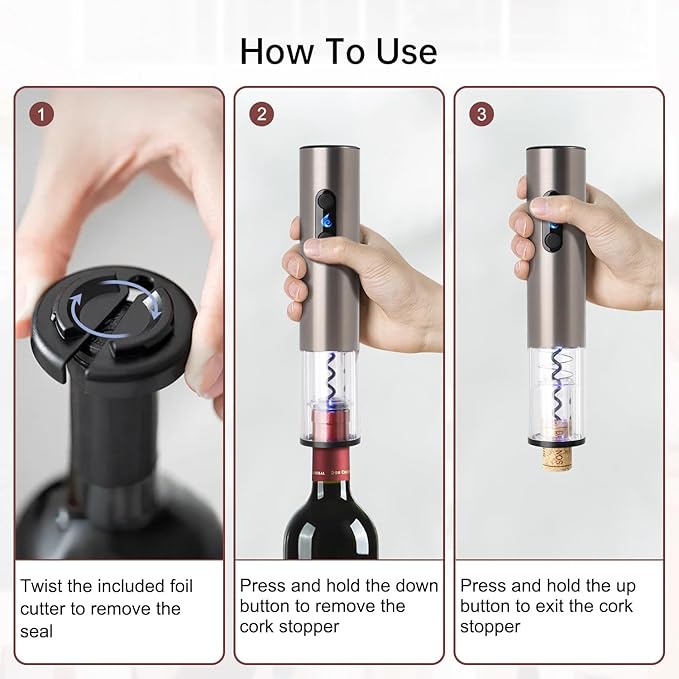 Rechargeable Wine Opener by ELMWAY, Electric Wine Bottle Opener with Foil Cutter, LED Light and Stainless Steel Shell, Cordless Corkscrew & Cork Remover, Gifts for Wine lover- Black