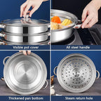Steamer Pot for Cooking 3.0-Quart Steam Pot with Lid 2-tier Multipurpose Stainless Steel Steaming Cookware with Handle for Vegetable, Soups, Stews and Pasta
