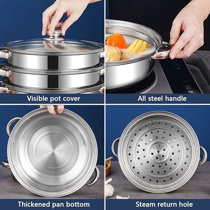 Steamer Pot for Cooking 3.0-Quart Steam Pot with Lid 2-tier Multipurpose Stainless Steel Steaming Cookware with Handle for Vegetable, Soups, Stews and Pasta