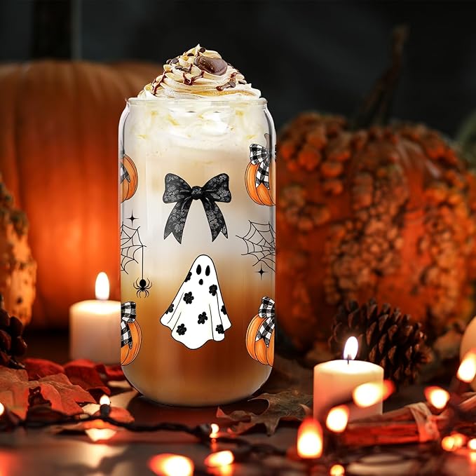 ANOTION Halloween Cups, 18oz Ghost Pumpkin Iced Coffee Mason Jar Mugs, Glass Tumbler with Lids Straws Gift Bags, Boo Basket Stuffers, Halloween Party Home Decorations & Gifts for Women Adults Kids