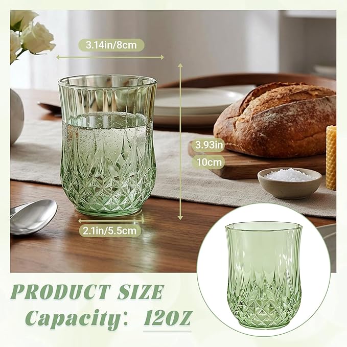 12 Pack Plastic Stemless Wine Glasses,12oz Unbreakable Vintage Elegant Drinking Glass Set,Reusable Fancy Cocktail Cups for Party, Wedding, and Bulk Events (12, 12oz-Sage Green)