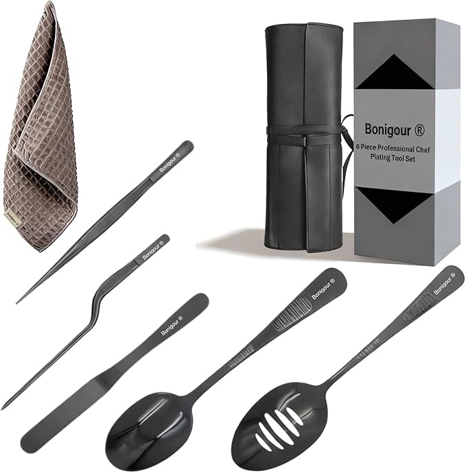 Plating Tool Culinary Set, 6 Piece Professional Chef Plating Tools Kit, Chef Plating Utensils, Spatula, Tweezers for Modernist Cuisine Food Art, Black, Cooking Utensils (Black)