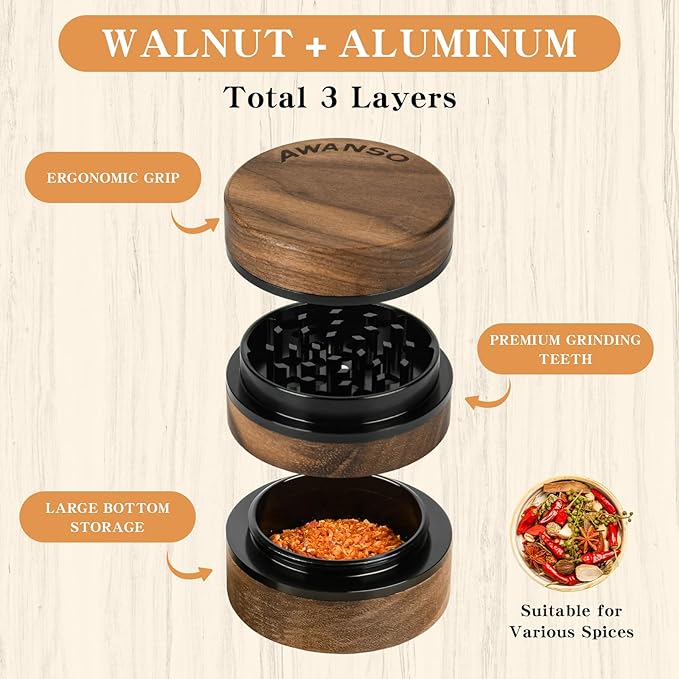 3-Piece Grinder, 2.5" Walnut Wood & Aluminum Grinder for Kitchen Spices with Large Bottom Chamber