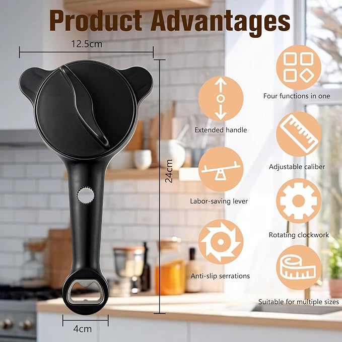 4 in 1 Multi-Purpose Jar Opener,Magnetic Stainless Steel Can Opener with Ergonomic Handle,Multi Size Lid Tool for Jars Cans Wine Bottles, Home Kitchen Helper(Black)