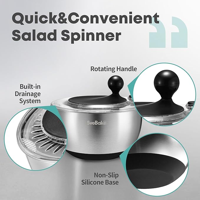 5.3Qt Stainless Steel Salad Spinner with Stop Button, BPA-Free Vegetable Lettuce Spinner, Transparent Lid & Drainage Hole, Non-Slip Base, Dishwasher Safe Fruit Washer