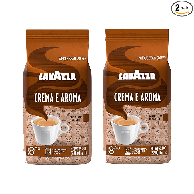 Lavazza Crema e Aroma Whole Bean Coffee, Medium Roast, Arabica and Robusta Blend, 2.2 lb Bag (Pack of 2)