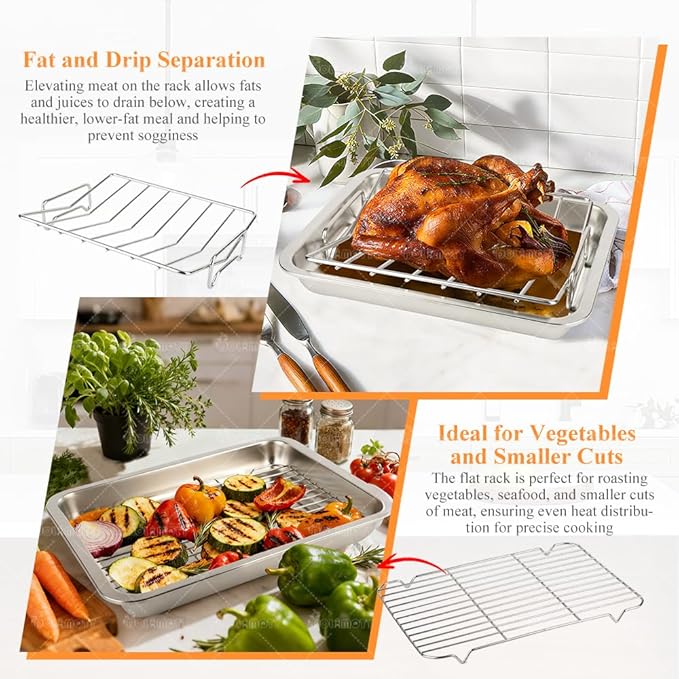 Stainless Steel Turkey Baking Roaster Pan Roasting Pan with V Rack, for Smoking and Grilling Chicken, Bird, and Pork Cooking Rack with 15.5*11.6*2 inch Roasting Pan for Smokers, Grill and Oven